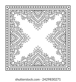 Decorative pattern of flowers and paisley for printing on fabric. Ornament for a bandana, a silk neckerchief, a tablecloth or a kerchief. Square sketch in tribal or oriental style.