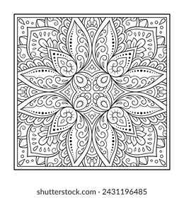 Decorative pattern of flowers and paisley for printing on fabric. Ornament for a bandana, a silk neckerchief, a tablecloth or a kerchief. Square sketch in tribal or oriental style.