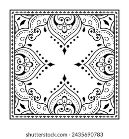 Decorative pattern of flowers and paisley for printing on fabric. Ornament for a bandana, a silk neckerchief, a tablecloth or a kerchief. Square sketch in tribal or oriental style.