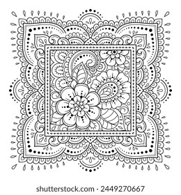 Patrón decorativo de flores y paisley para la impresión en tela. Adorno para un pañuelo, un pañuelo de seda, un mantel o un pañuelo. Dibujo cuadrado en estilo tribal u oriental.