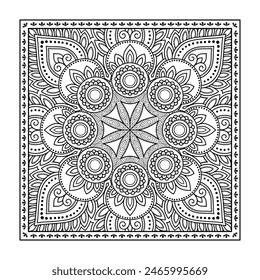 Decorative pattern of flowers and paisley for printing on fabric. Ornament for a bandana, a silk neckerchief, a tablecloth or a kerchief. Square sketch in tribal or oriental style.
