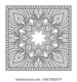 Decorative pattern of flowers and paisley for printing on fabric. Ornament for a bandana, a silk neckerchief, a tablecloth or a kerchief. Square sketch in tribal or oriental style.