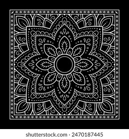 Decorative pattern of flowers and paisley for printing on fabric. Ornament for a bandana, a silk neckerchief, a tablecloth or a kerchief. Square sketch in tribal or oriental style.