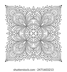Decorative pattern of flowers and paisley for printing on fabric. Ornament for a bandana, a silk neckerchief, a tablecloth or a kerchief. Square sketch in tribal or oriental style.