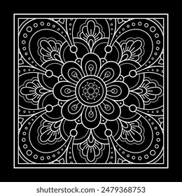 Decorative pattern of flowers and paisley for printing on fabric. Ornament for a bandana, a silk neckerchief, a tablecloth or a kerchief. Square sketch in tribal or oriental style.