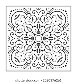 Decorative pattern of flowers and paisley for printing on fabric. Ornament for a bandana, a silk neckerchief, a tablecloth or a kerchief. Square sketch in tribal or oriental style.