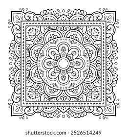 Decorative pattern of flowers and paisley for printing on fabric. Ornament for a bandana, a silk neckerchief, a tablecloth or a kerchief. Square sketch in tribal or oriental style.