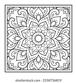 Decorative pattern of flowers and paisley for printing on fabric. Ornament for a bandana, a silk neckerchief, a tablecloth or a kerchief. Square sketch in tribal or oriental style.