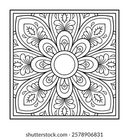 Decorative pattern of flowers and paisley for printing on fabric. Ornament for a bandana, a silk neckerchief, a tablecloth or a kerchief. Square sketch in tribal or oriental style.