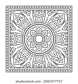 Decorative pattern of flowers and paisley for printing on fabric. Ornament for a bandana, a silk neckerchief, a tablecloth or a kerchief. Square sketch in tribal or oriental style.