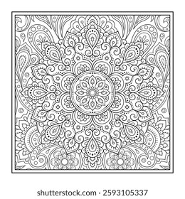 Decorative pattern of flowers and paisley for printing on fabric. Ornament for a bandana, a silk neckerchief, a tablecloth or a kerchief. Square sketch in tribal or oriental style.