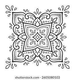 Decorative pattern of flowers and paisley for printing on fabric. Ornament for a bandana, a silk neckerchief, a tablecloth or a kerchief. Square sketch in tribal or oriental style.