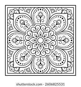 Decorative pattern of flowers and paisley for printing on fabric. Ornament for a bandana, a silk neckerchief, a tablecloth or a kerchief. Square sketch in tribal or oriental style.