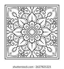 Decorative pattern of flowers and paisley for printing on fabric. Ornament for a bandana, a silk neckerchief, a tablecloth or a kerchief. Square sketch in tribal or oriental style.