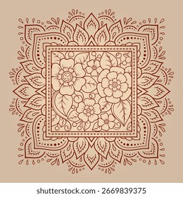 Patrón decorativo de flores y paisley para imprimir en tela. Adorno para una bandana, un pañuelo de seda, un mantel o un pañuelo. Boceto cuadrado en estilo tribal u oriental.