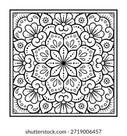 Patrón decorativo de flores y paisley para imprimir en tela. Adorno para una bandana, un pañuelo de seda, un mantel o un pañuelo. Boceto cuadrado en estilo tribal u oriental.