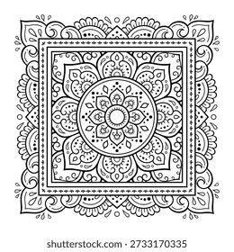 Patrón decorativo de flores y paisley para imprimir en tela. Adorno para una bandana, un pañuelo de seda, un mantel o un pañuelo. Boceto cuadrado en estilo tribal u oriental.
