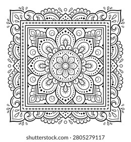 Decorative pattern of flowers and paisley for printing on fabric. Ornament for a bandana, a silk neckerchief, a tablecloth or a kerchief. Square sketch in tribal or oriental style.
