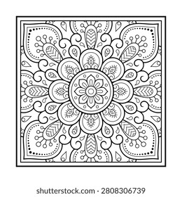 Decorative pattern of flowers and paisley for printing on fabric. Ornament for a bandana, a silk neckerchief, a tablecloth or a kerchief. Square sketch in tribal or oriental style.