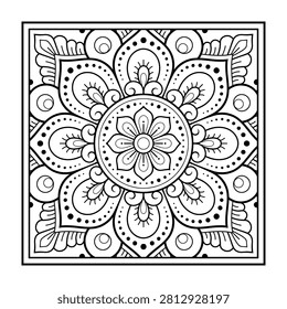 Decorative pattern of flowers and paisley for printing on fabric. Ornament for a bandana, a silk neckerchief, a tablecloth or a kerchief. Square sketch in tribal or oriental style.