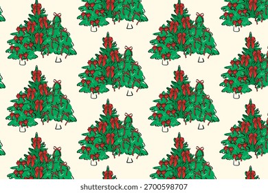 Patrón decorativo en forma de árbol de Navidad con lazos rojos para regalo festivo y tarjetas de envoltura.