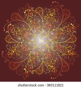 Decorative pattern in form of cross on dark burgundy background with colorful ornaments