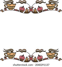 Decorative pattern frame of coffee cups and cakes. Vector illustration