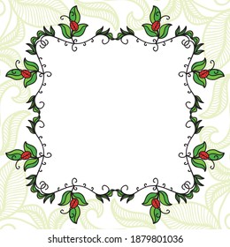 Decorative pattern frame of green plants and ladies bugs. Vector illustration