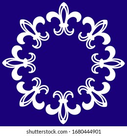 Decorative pattern with frames, wreaths of abstract elements. White figures on a blue background. Vector illustration.