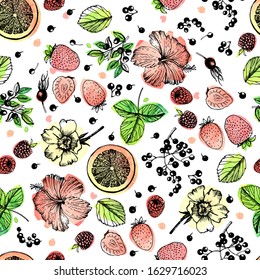 Decorative pattern Fruit tea. Flowers, buds, fruits, leaves, branches. Vector illustration. Manual graphics. Suitable for decorating various surfaces.