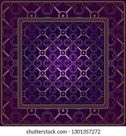 Decorative Pattern With Geometric Ornament. For Print Bandanna, Tablecloth, Fabric Print, Fashion. Vector Illustration. Purple gold color.