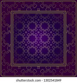 Decorative Pattern With Geometric Ornament. For Print Bandanna, Tablecloth, Fabric Print, Fashion. Vector Illustration. Purple gold color.