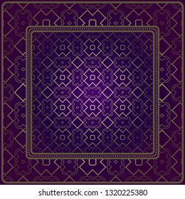Decorative Pattern With Geometric Ornament. For Print Bandanna, Tablecloth, Fabric Print, Fashion. Vector Illustration. Purple gold color.