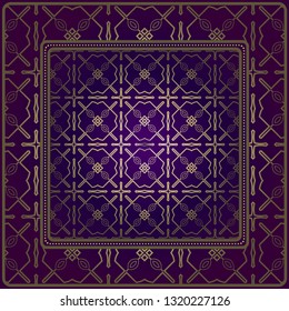 Decorative Pattern With Geometric Ornament. For Print Bandanna, Tablecloth, Fabric Print, Fashion. Vector Illustration. Purple gold color.