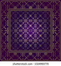 Decorative Pattern With Geometric Ornament. For Print Bandanna, Tablecloth, Fabric Print, Fashion. Vector Illustration. Purple gold color.