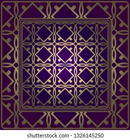 Decorative Pattern With Geometric Ornament. For Print Bandanna, Tablecloth, Fabric Print, Fashion. Vector Illustration. Purple gold color.