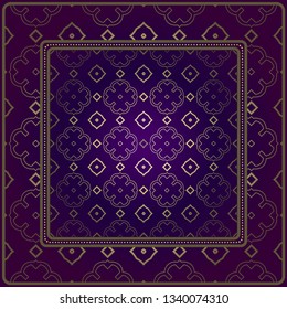 Decorative Pattern With Geometric Ornament. For Print Bandanna, Tablecloth, Fabric Print, Fashion. Vector Illustration. Purple gold color.