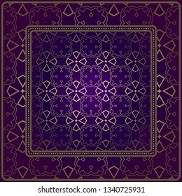 Decorative Pattern With Geometric Ornament. For Print Bandanna, Tablecloth, Fabric Print, Fashion. Vector Illustration. Purple gold color.