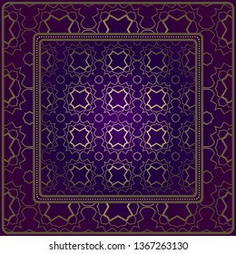 Decorative Pattern With Geometric Ornament. For Print Bandanna, Tablecloth, Fabric Print, Fashion. Vector Illustration. Purple gold color.
