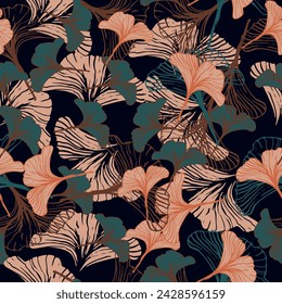 A decorative pattern of ginkgo leaves is highlighted on a colored background. Vector illustration. For nature, eco and design. Hand-drawn plants, a frame for a postcard.