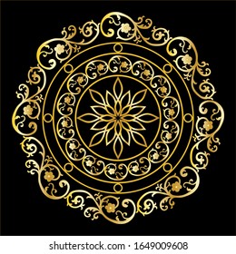Decorative pattern of golden baroque motif on black background.EPS10 Illustration.