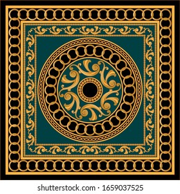 Decorative pattern of golden baroque motif with chains on green background.EPS10 Illustration.