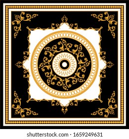 Decorative pattern of golden baroque motif with chains on black background.EPS10 Illustration.