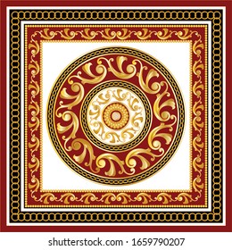 Decorative pattern of golden baroque motif with chains on red background.EPS10 Illustration.