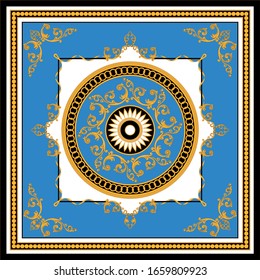 Decorative pattern of golden baroque motif with chains on blue background.EPS10 Illustration.