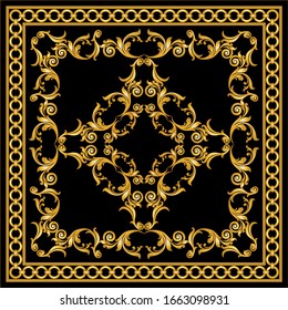 Decorative pattern of golden baroque motif with chains on black  background.EPS10 Illustration.