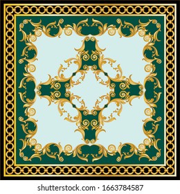 Decorative pattern of golden baroque motif with chains on green  background.EPS10 Illustration.