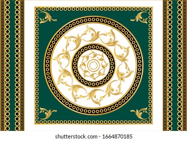 Decorative pattern of golden baroque motif with chains on green background.EPS10 Illustration.