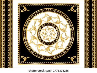 Decorative pattern of golden baroque motif with chains on black and white background.EPS10 Illustration.