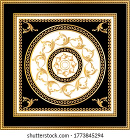 Patrón decorativo de motivos barrocos dorados con cadenas sobre fondo negro.EPS10 Ilustración.

